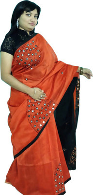 ASHMITAS COLLECTION Embellished Handloom Cotton Blend Saree(Black, Orange)