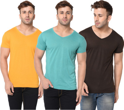 Adorbs Solid Men V Neck Brown, Yellow, Light Green T-Shirt