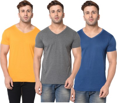 Adorbs Self Design, Solid Men V Neck Dark Blue, Grey, Yellow T-Shirt