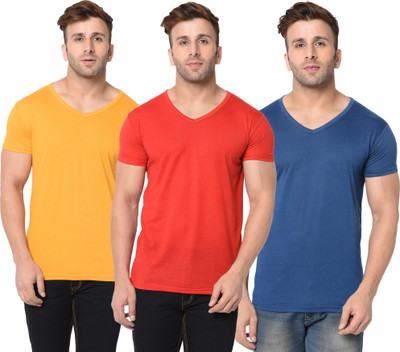 Jangoboy Solid Men V Neck Dark Blue, Red, Yellow T-Shirt