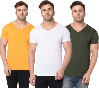 Jangoboy Solid Men V Neck Dark Green, White, Yellow T-Shirt