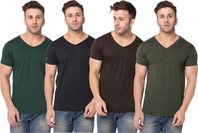 Jangoboy Self Design, Solid Men V Neck Dark Green, Brown, Black T-Shirt