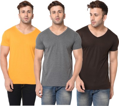 Adorbs Solid Men V Neck Brown, Grey, Yellow T-Shirt