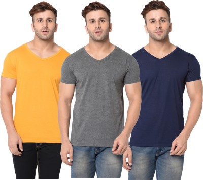 Adorbs Solid Men V Neck Dark Blue, Grey, Yellow T-Shirt