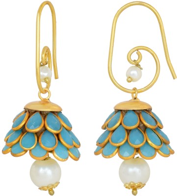 DULCI Gold Plated Turquoise Colour Stone Studded with Pearl Handmade Designer Pacchi Drop Dangle Earring Jewellery Jhumka/Jhumki for Women & Girls Pearl Brass Jhumki Earring