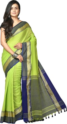 Mystory Color Block Handloom Cotton Blend Saree(Green)