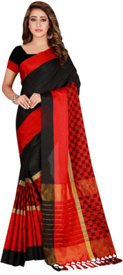 CHOICEIT Self Design, Checkered Bollywood Cotton Silk Saree(Black)