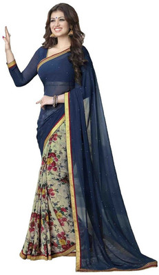 JVG CREATION Printed, Solid/Plain Bollywood Georgette, Chiffon Saree(Blue)