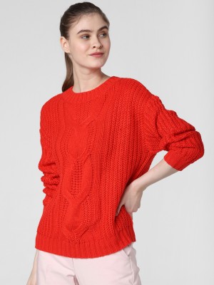 VERO MODA Self Design Round Neck Casual Women Red Sweater