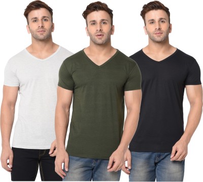 Jangoboy Self Design, Solid Men V Neck Dark Green, Black, Grey T-Shirt