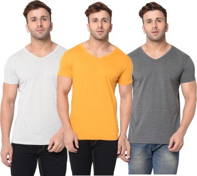 Adorbs Self Design, Solid Men V Neck Grey, Yellow T-Shirt