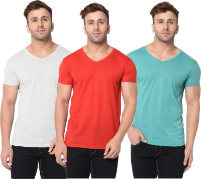 Jangoboy Self Design, Solid Men V Neck Light Blue, Red, Grey T-Shirt