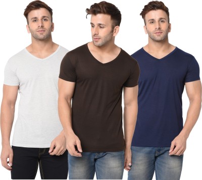 Jangoboy Solid Men V Neck Dark Blue, White, Brown T-Shirt