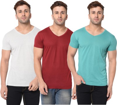 Adorbs Self Design, Solid Men V Neck Maroon, Grey, Light Green T-Shirt