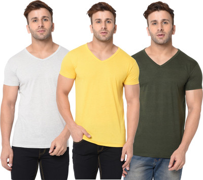 Adorbs Solid Men V Neck Dark Green, Grey, Yellow T-Shirt