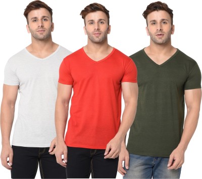 Jangoboy Solid Men V Neck Dark Green, Red, Grey T-Shirt