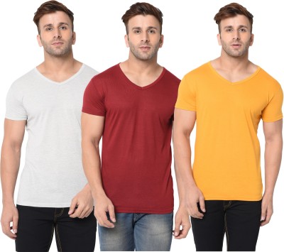 Adorbs Solid, Self Design Men V Neck Maroon, Grey, Yellow T-Shirt