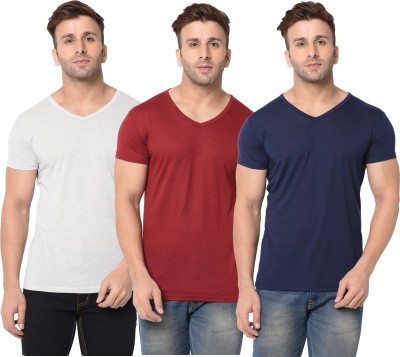 Jangoboy Self Design, Solid Men V Neck Dark Blue, Maroon, Grey T-Shirt