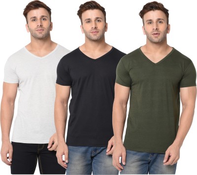 Jangoboy Self Design, Solid Men V Neck Dark Green, Black, Grey T-Shirt