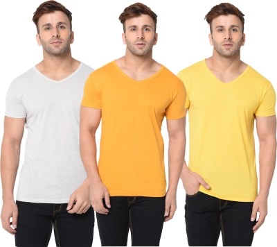 Jangoboy Solid Men V Neck Grey, Yellow T-Shirt