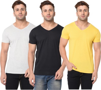 Jangoboy Solid Men V Neck Black, Grey, Yellow T-Shirt