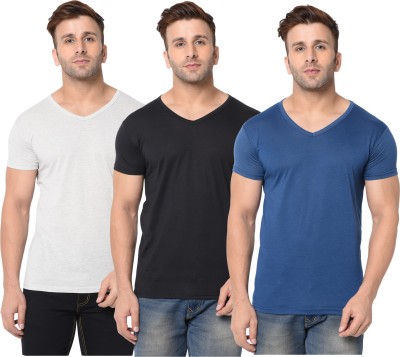 Jangoboy Self Design, Solid Men V Neck Blue, Black, Grey T-Shirt