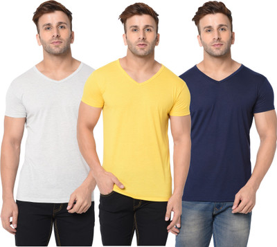 Adorbs Self Design, Solid Men V Neck Dark Blue, Grey, Yellow T-Shirt