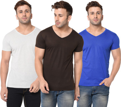 Jangoboy Self Design, Solid Men V Neck Brown, Blue, Grey T-Shirt