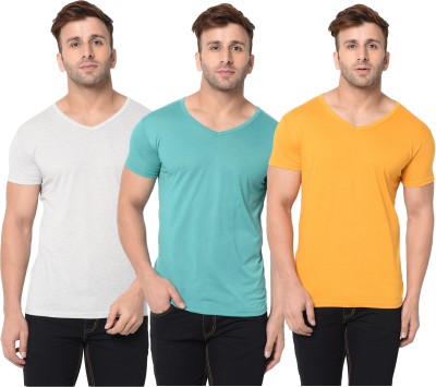 Jangoboy Self Design, Solid Men V Neck Grey, Light Green, Yellow T-Shirt