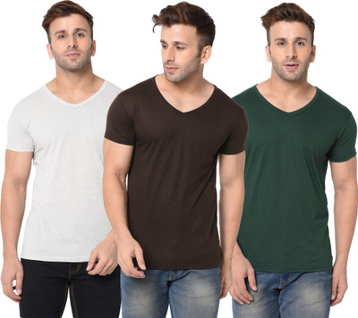 Jangoboy Self Design, Solid Men V Neck Dark Green, Brown, Grey T-Shirt