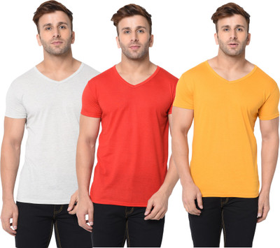 Adorbs Solid, Self Design Men V Neck Red, Grey, Yellow T-Shirt
