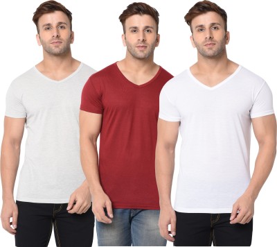 Jangoboy Self Design, Solid Men V Neck White, Maroon, Grey T-Shirt