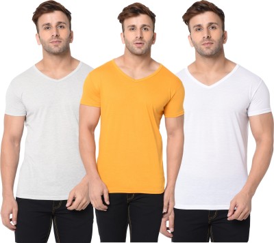 Adorbs Solid Men V Neck White, Grey, Yellow T-Shirt