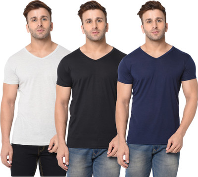 Adorbs Self Design, Solid Men V Neck Dark Blue, White, Black T-Shirt