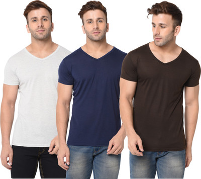 Jangoboy Solid Men V Neck Dark Blue, Brown, Grey T-Shirt