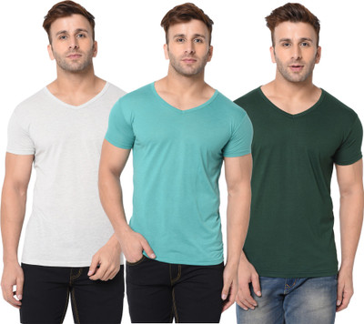 Adorbs Solid, Self Design Men V Neck Dark Green, Grey, Light Blue T-Shirt