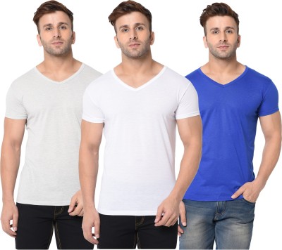 Jangoboy Solid Men V Neck White, Blue T-Shirt