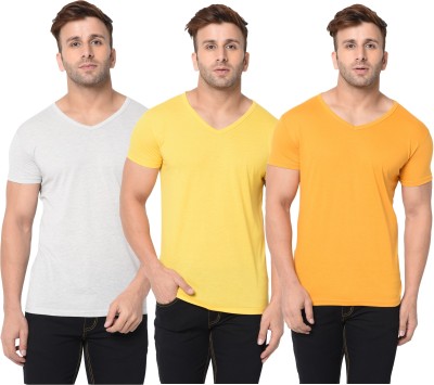Adorbs Solid, Self Design Men V Neck Yellow, White T-Shirt