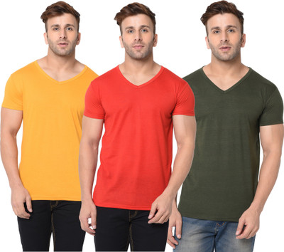 Jangoboy Solid Men V Neck Dark Green, Red, Yellow T-Shirt