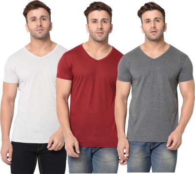 Jangoboy Self Design, Solid Men V Neck Maroon, Grey T-Shirt