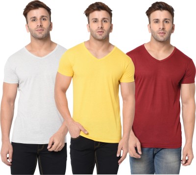 Adorbs Self Design, Solid Men V Neck Maroon, Grey, Yellow T-Shirt