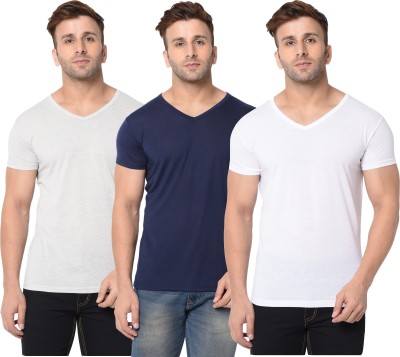 Jangoboy Self Design, Solid Men V Neck Dark Blue, White, Grey T-Shirt