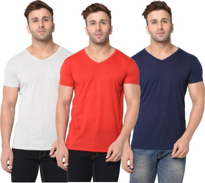 Jangoboy Self Design, Solid Men V Neck Dark Blue, Red, Grey T-Shirt