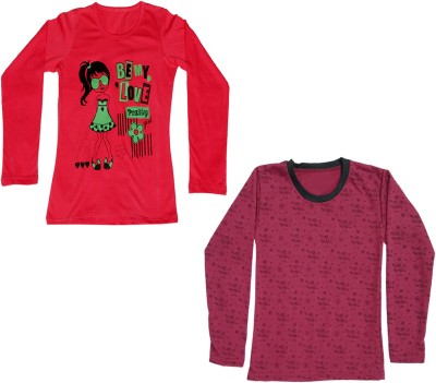 IndiWeaves Girls Printed Wool Blend T Shirt(Multicolor, Pack of 2)