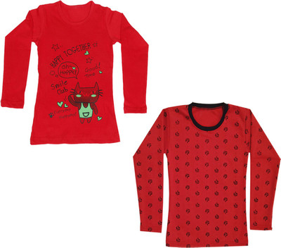 KAVYA Girls Printed Wool Blend Regular T Shirt(Red, Pack of 2)