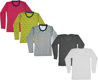 Indistar Girls Printed, Striped Wool Blend Regular T Shirt(Multicolor, Pack of 5)