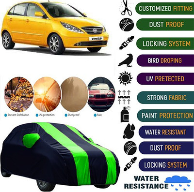 MotohunK Car Cover For Tata Vista Tech (With Mirror Pockets)(Black, Green)