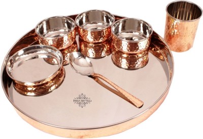 IndianArtVilla Pack of 8 Copper Steel Copper Royal Kitchen 7 Piece Dinner Set - 1 Plate, 1 Rice Plate, 3 Bowls, 1 Glass, 1 Spoon - Serving Food Home Restaurant Tableware Dinner Set(Brown)