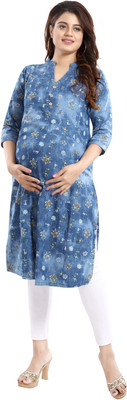 mamma's maternity Women Floral Print Straight Kurta(Blue)