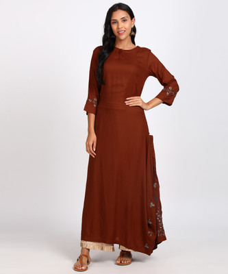 Vishudh Women Embroidered Asymmetric Kurta(Brown)
